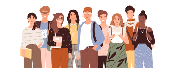 A cartoon of eight young men and women wearing casual clothes standing in a group.