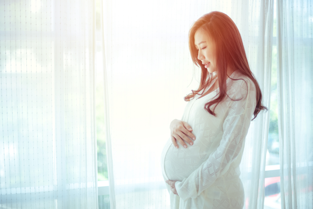 Pregnant woman in front of window