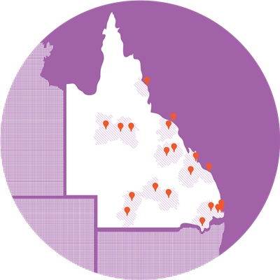 Image of map of Queensland with markers on True locations