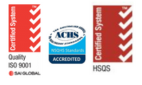 Logos for ISO 9001, ACHS and Certified System accreditation. 