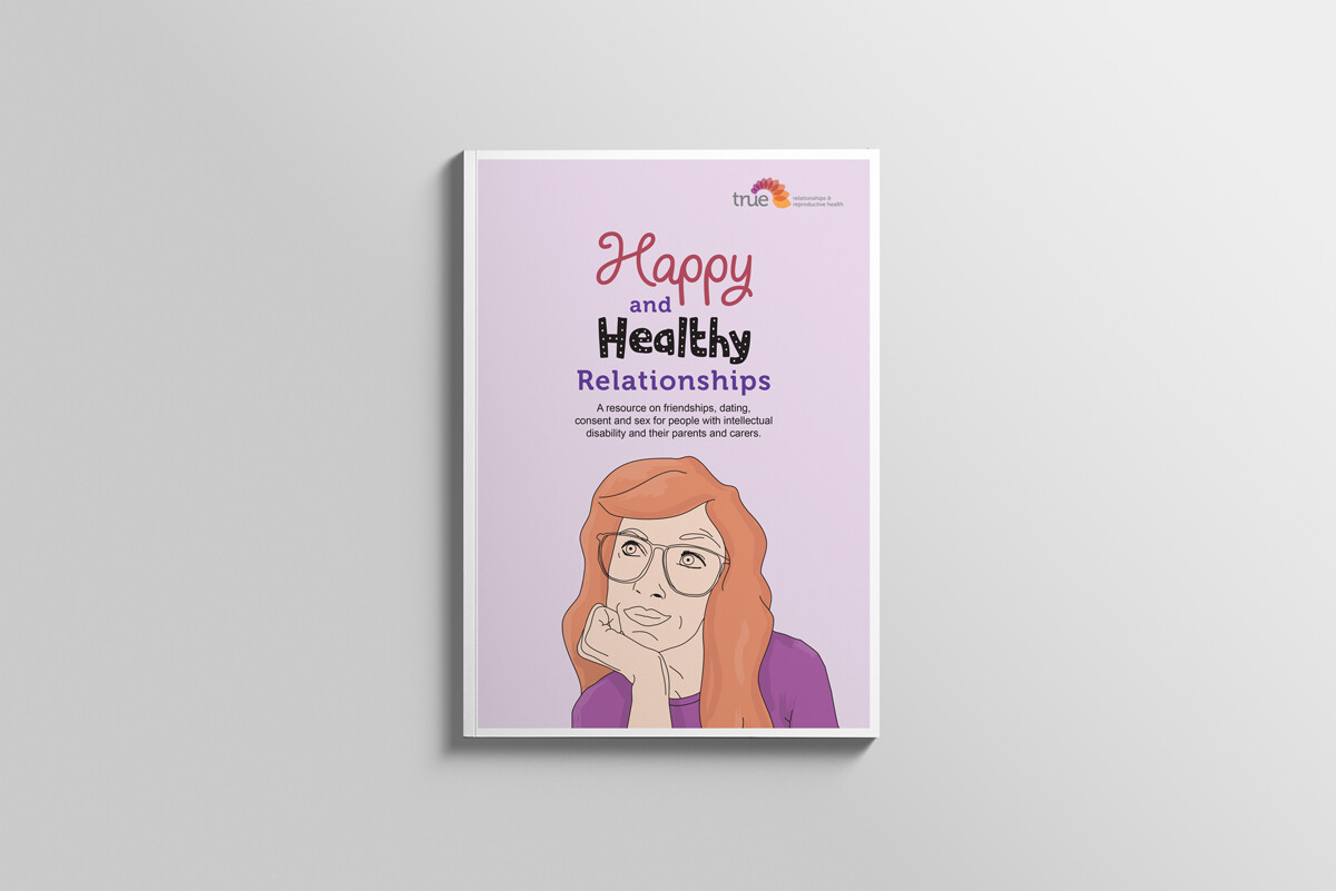 Pink "Happy and Healthy Relationships" booklet on a light grey background