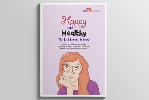 Pink "Happy and Healthy Relationships" booklet on a light grey background