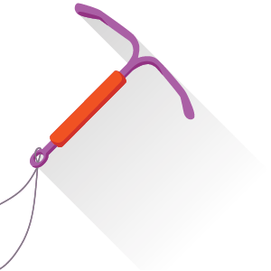 A graphic image of an IUD. It is a short purple T shape with an orange cover across the bottom, and a string hanging from the bottom.